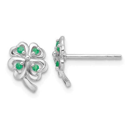 Sterling Silver Rhodium Plated Emerald Four Leaf Clover Post Earrings