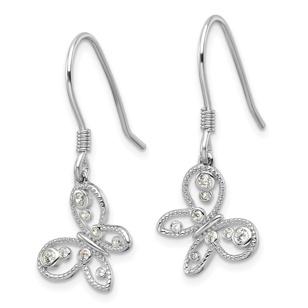 Sterling Silver Rhodium-Plated CZ Butterfly Shepherd Hook Earrings