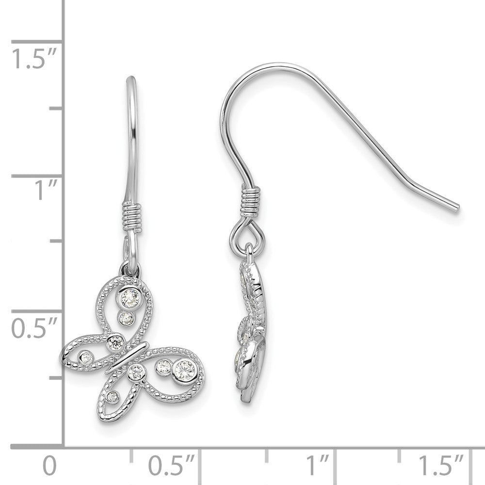 Sterling Silver Rhodium-Plated CZ Butterfly Shepherd Hook Earrings