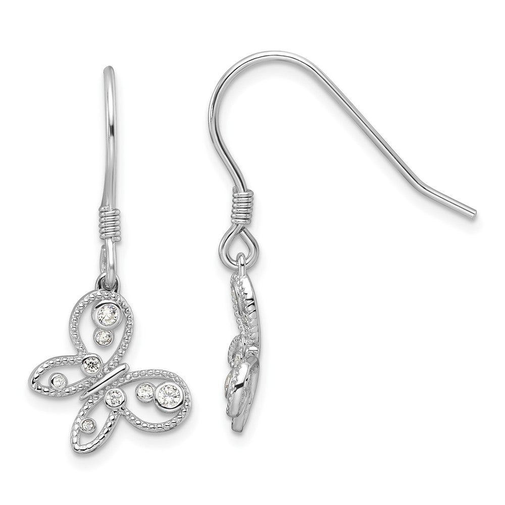Sterling Silver Rhodium-Plated CZ Butterfly Shepherd Hook Earrings