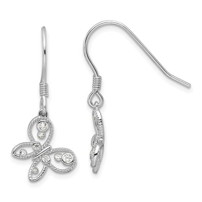 Sterling Silver Rhodium-Plated CZ Butterfly Shepherd Hook Earrings