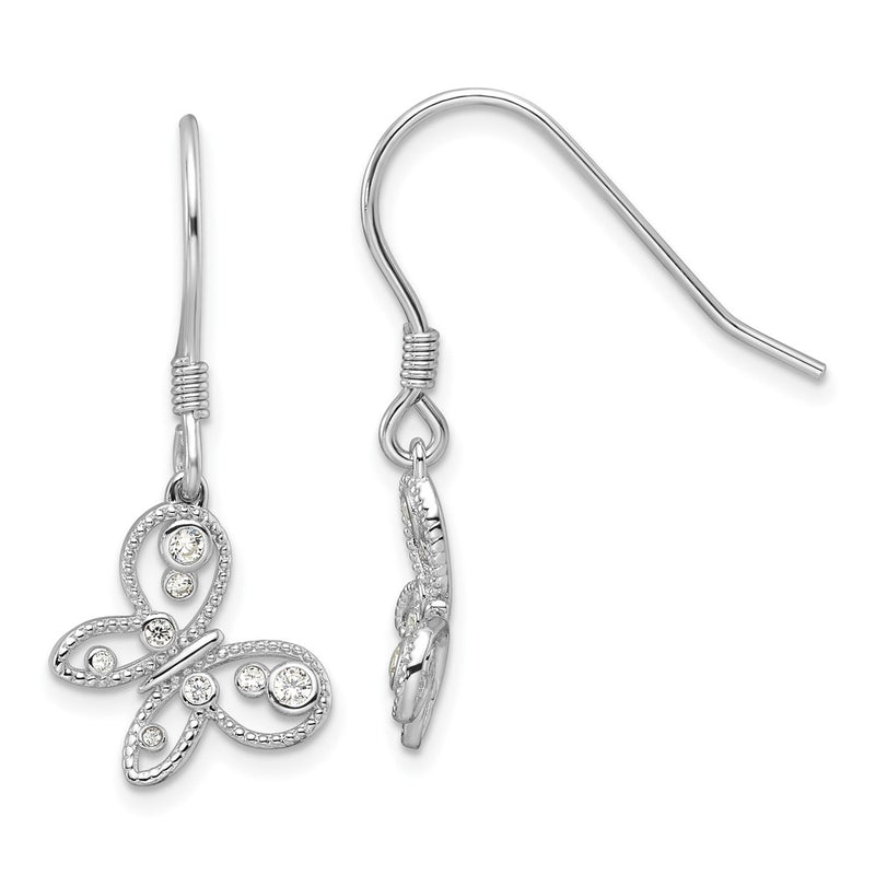 Sterling Silver Rhodium-Plated CZ Butterfly Shepherd Hook Earrings
