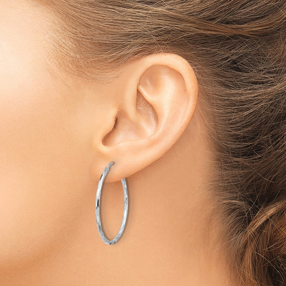 Sterling Silver Rhodium-Plated Polished Textured 1.60mm Hoop Earrings