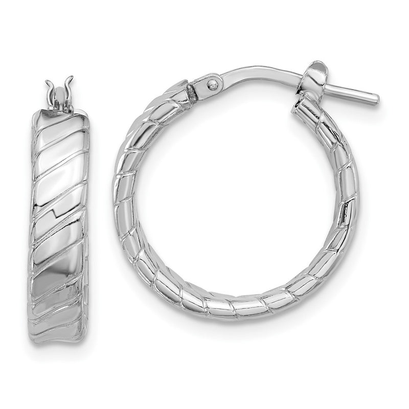 Sterling Silver Rhodium-Plated Polished and Textured Hoop Earrings