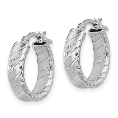 Sterling Silver Rhodium-Plated Polished and Textured Hoop Earrings