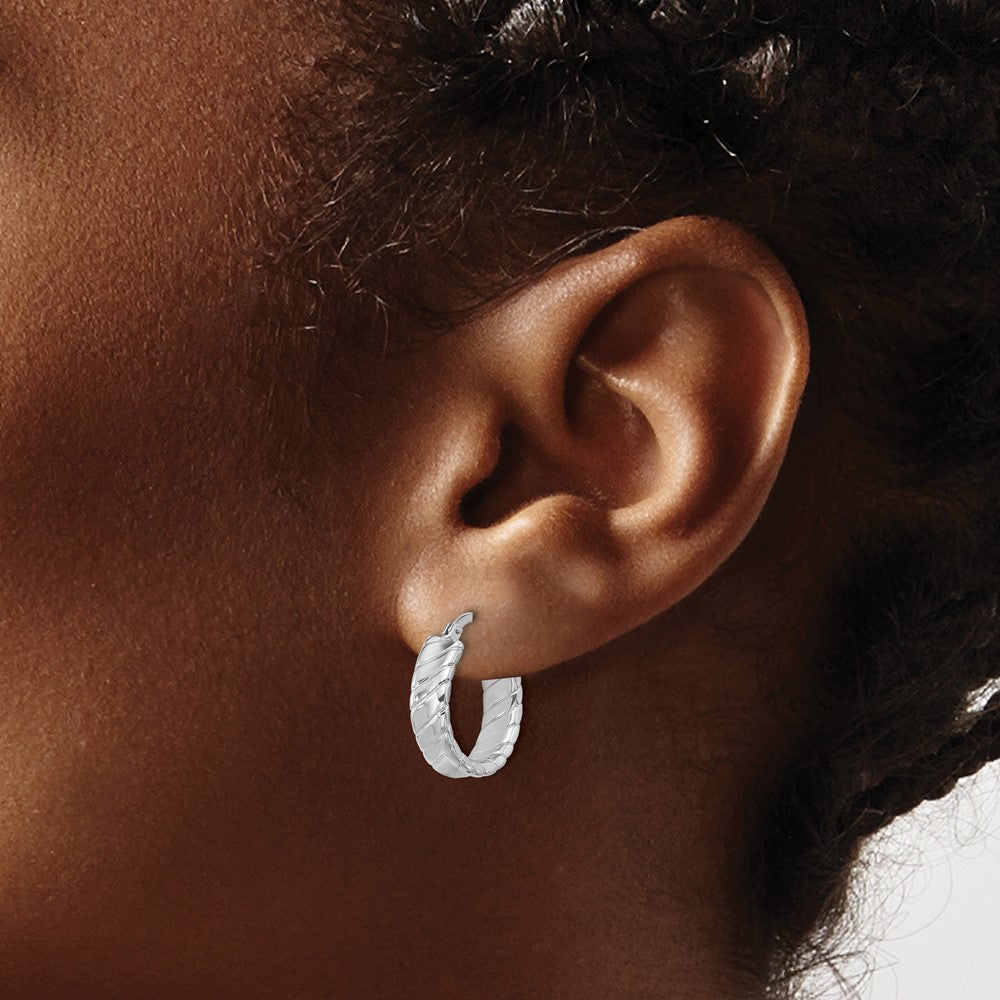 Sterling Silver Rhodium-Plated Polished and Textured Hoop Earrings