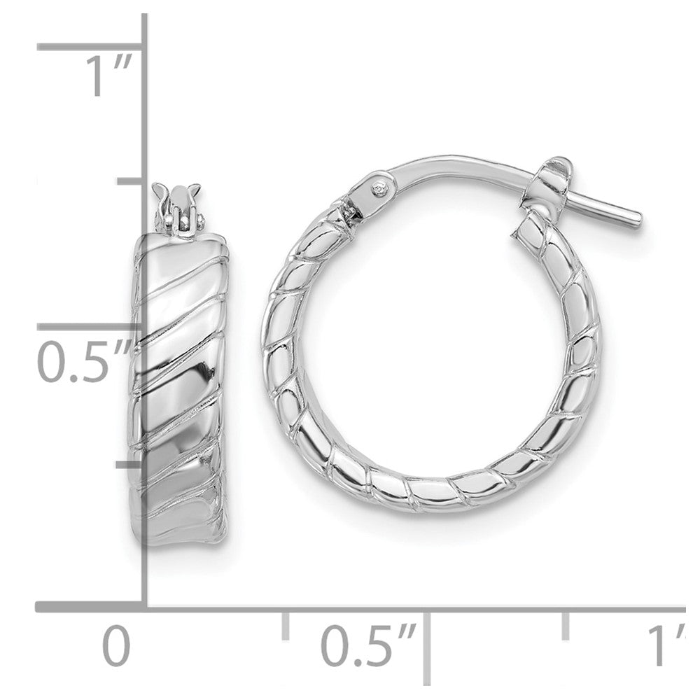 Sterling Silver Rhodium-Plated Polished and Textured Hoop Earrings