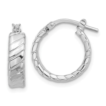 Sterling Silver Rhodium-Plated Polished and Textured Hoop Earrings