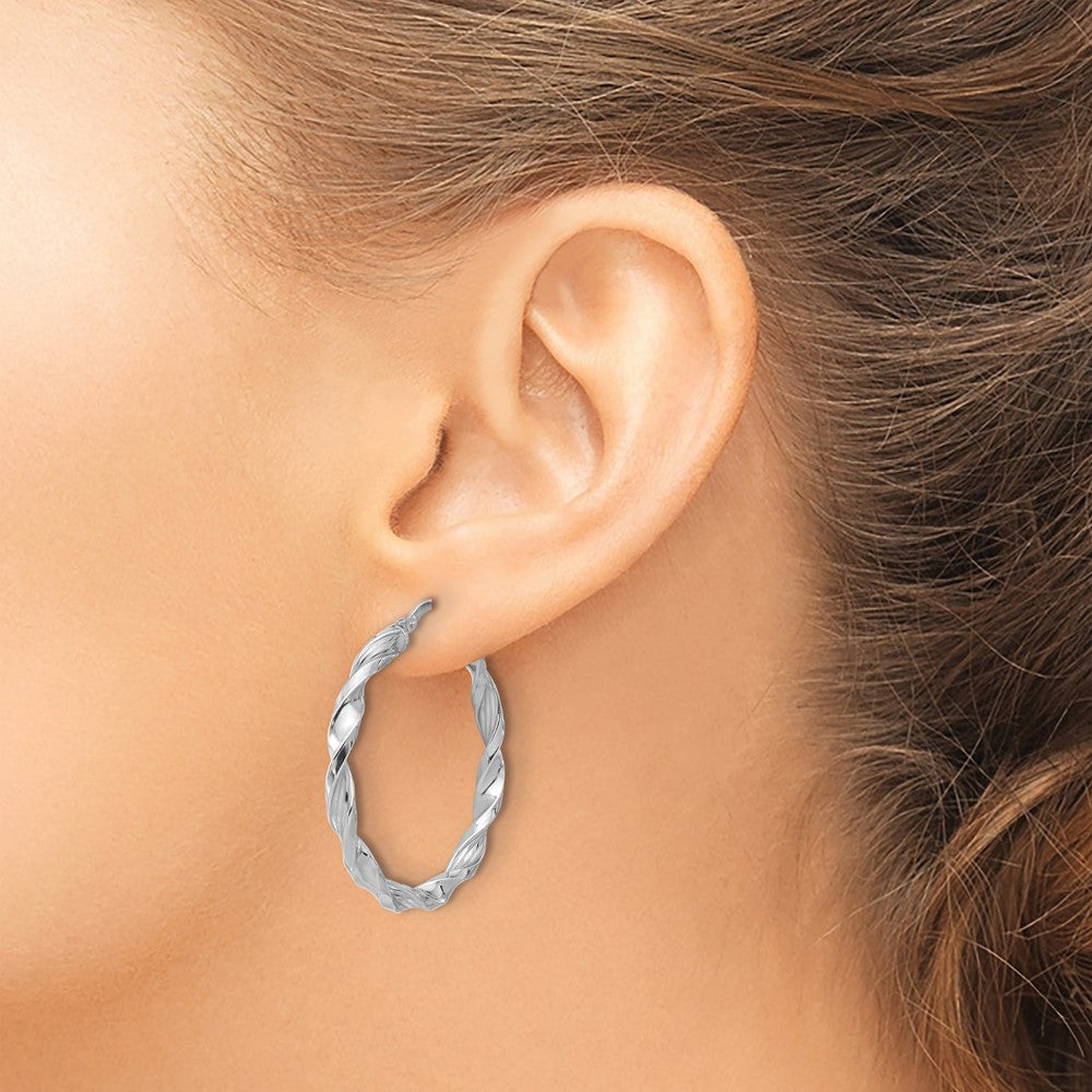 Sterling Silver Rhodium-Plated Polished & Textured Twisted Hoop Earrings