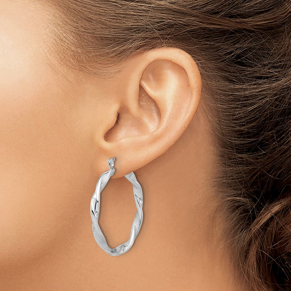 Sterling Silver Rhodium-Plated Textured 3.7mm Twisted Hoop Earrings