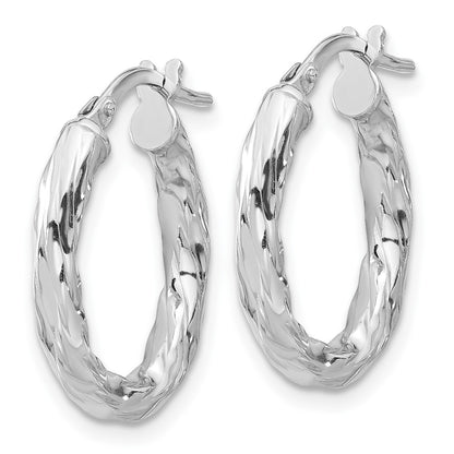 Sterling Silver Rhodium Plated Polished and Textured Twisted Oval Hoop Earrings