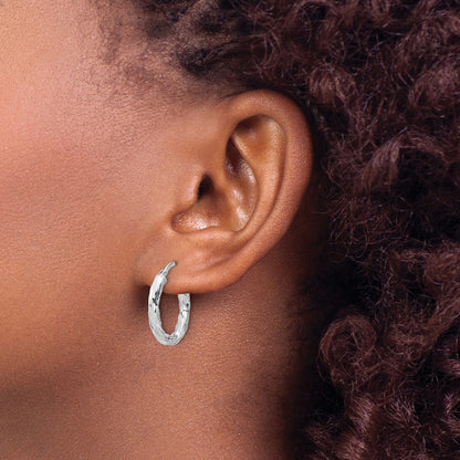 Sterling Silver Rhodium Plated Polished and Textured Twisted Oval Hoop Earrings
