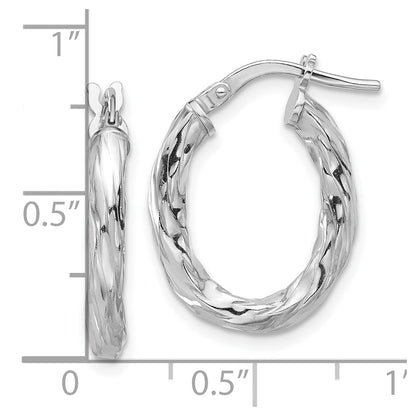 Sterling Silver Rhodium Plated Polished and Textured Twisted Oval Hoop Earrings