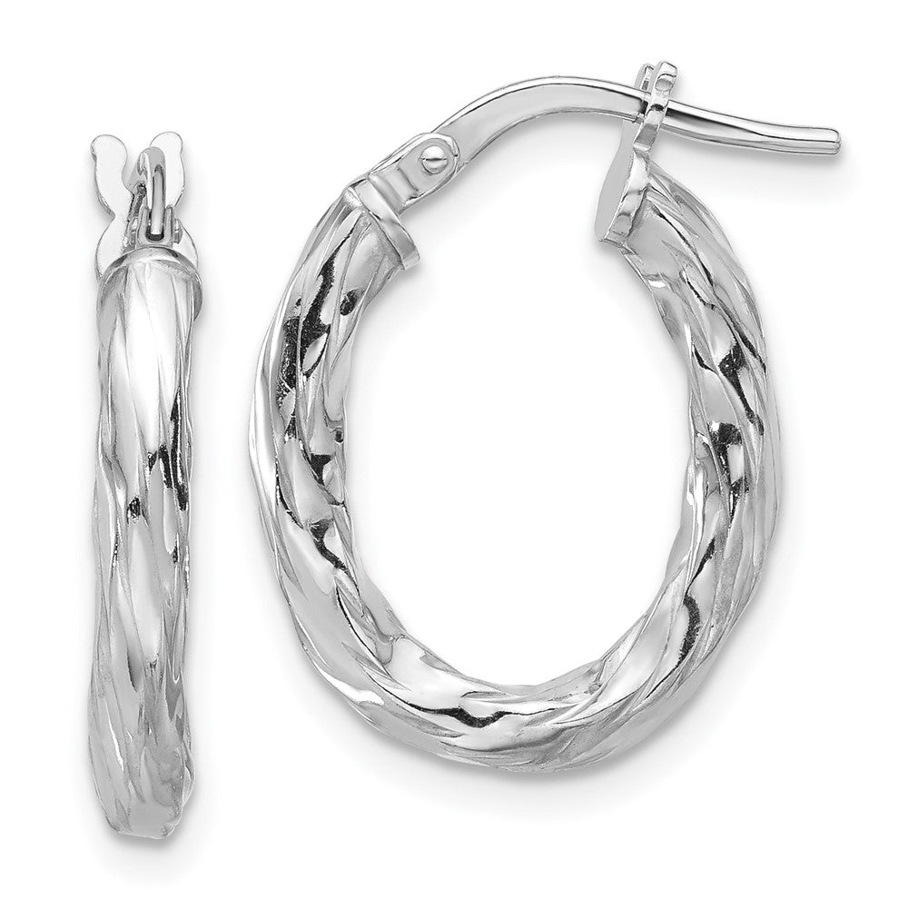 Sterling Silver Rhodium Plated Polished and Textured Twisted Oval Hoop Earrings