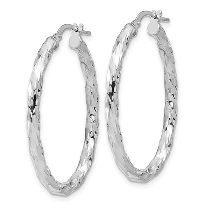 Sterling Silver Rhodium Plated Polished and Textured Twisted Oval Hoop Earrings