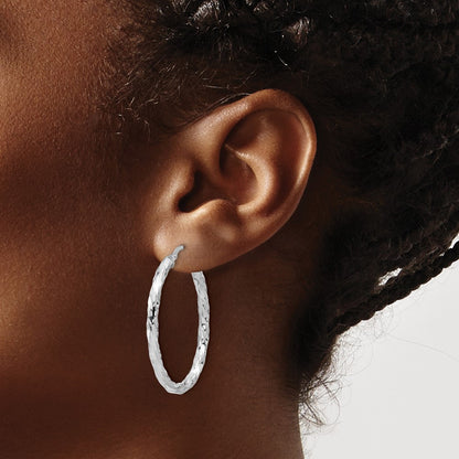 Sterling Silver Rhodium Plated Polished and Textured Twisted Oval Hoop Earrings