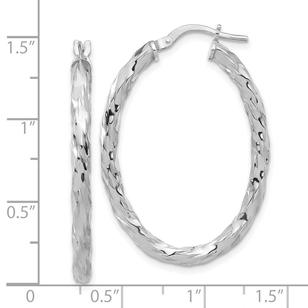 Sterling Silver Rhodium Plated Polished and Textured Twisted Oval Hoop Earrings