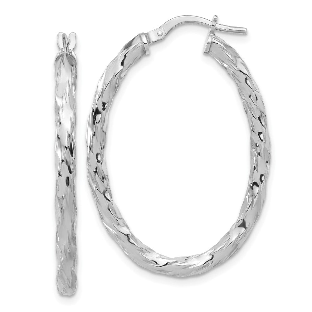 Sterling Silver Rhodium Plated Polished and Textured Twisted Oval Hoop Earrings