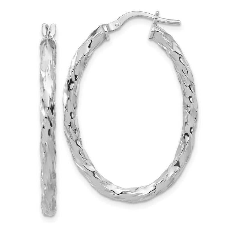 Sterling Silver Rhodium Plated Polished and Textured Twisted Oval Hoop Earrings