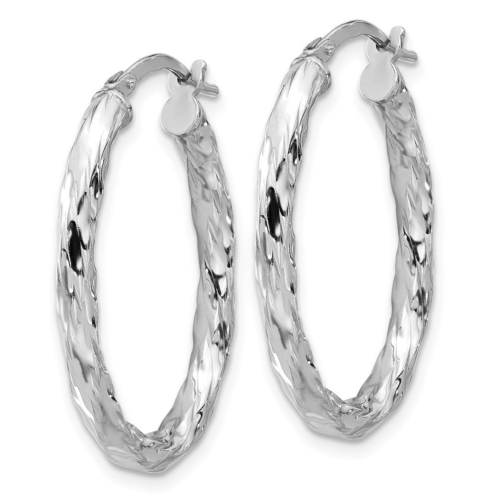 Sterling Silver Rhodium Plated Polished and Textured Twisted Oval Hoop Earrings