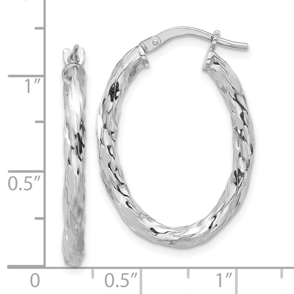 Sterling Silver Rhodium Plated Polished and Textured Twisted Oval Hoop Earrings