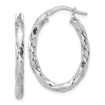 Sterling Silver Rhodium Plated Polished and Textured Twisted Oval Hoop Earrings