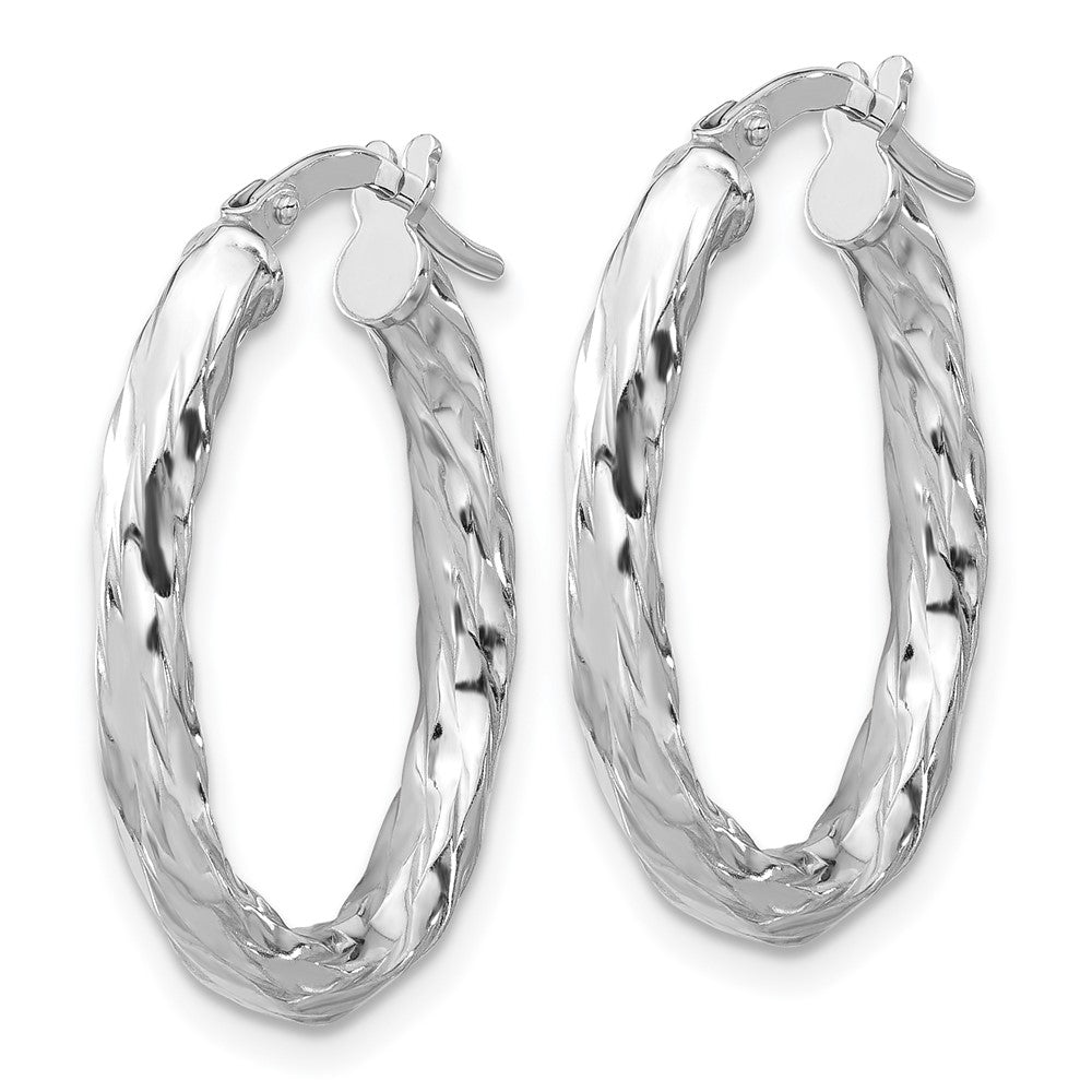 Sterling Silver Rhodium Plated Polished and Textured Twisted Oval Hoop Earrings
