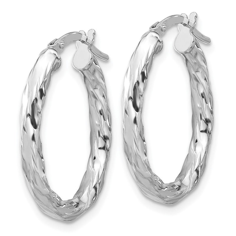 Sterling Silver Rhodium Plated Polished and Textured Twisted Oval Hoop Earrings