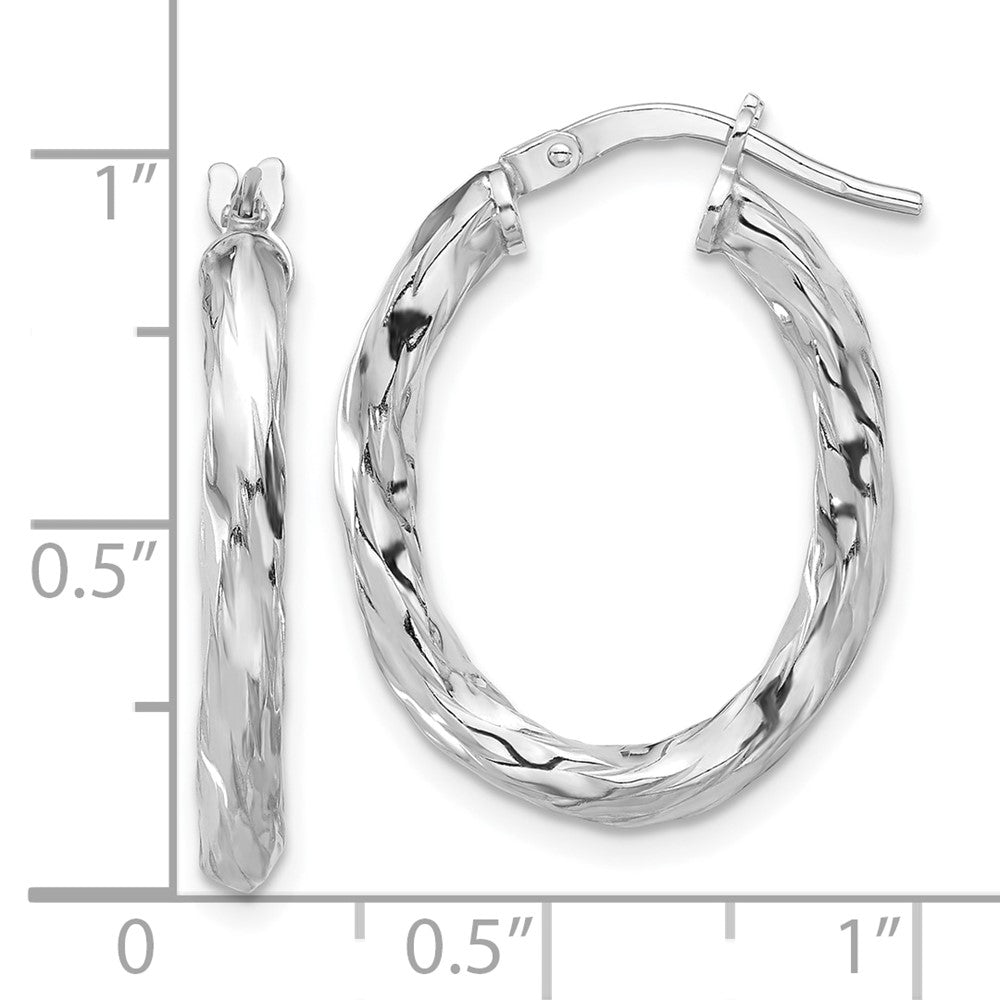 Sterling Silver Rhodium Plated Polished and Textured Twisted Oval Hoop Earrings