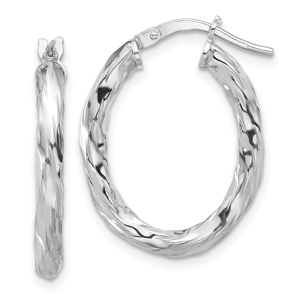 Sterling Silver Rhodium Plated Polished and Textured Twisted Oval Hoop Earrings