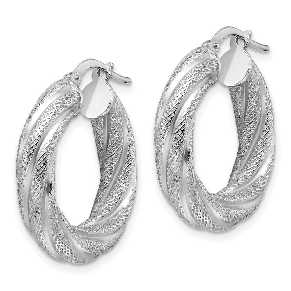 Sterling Silver Rhodium Plated 5mm Textured Twisted Hoop Earrings