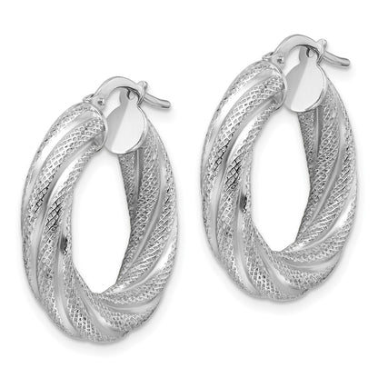 Sterling Silver Rhodium Plated 5mm Textured Twisted Hoop Earrings