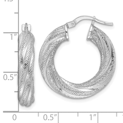 Sterling Silver Rhodium Plated 5mm Textured Twisted Hoop Earrings