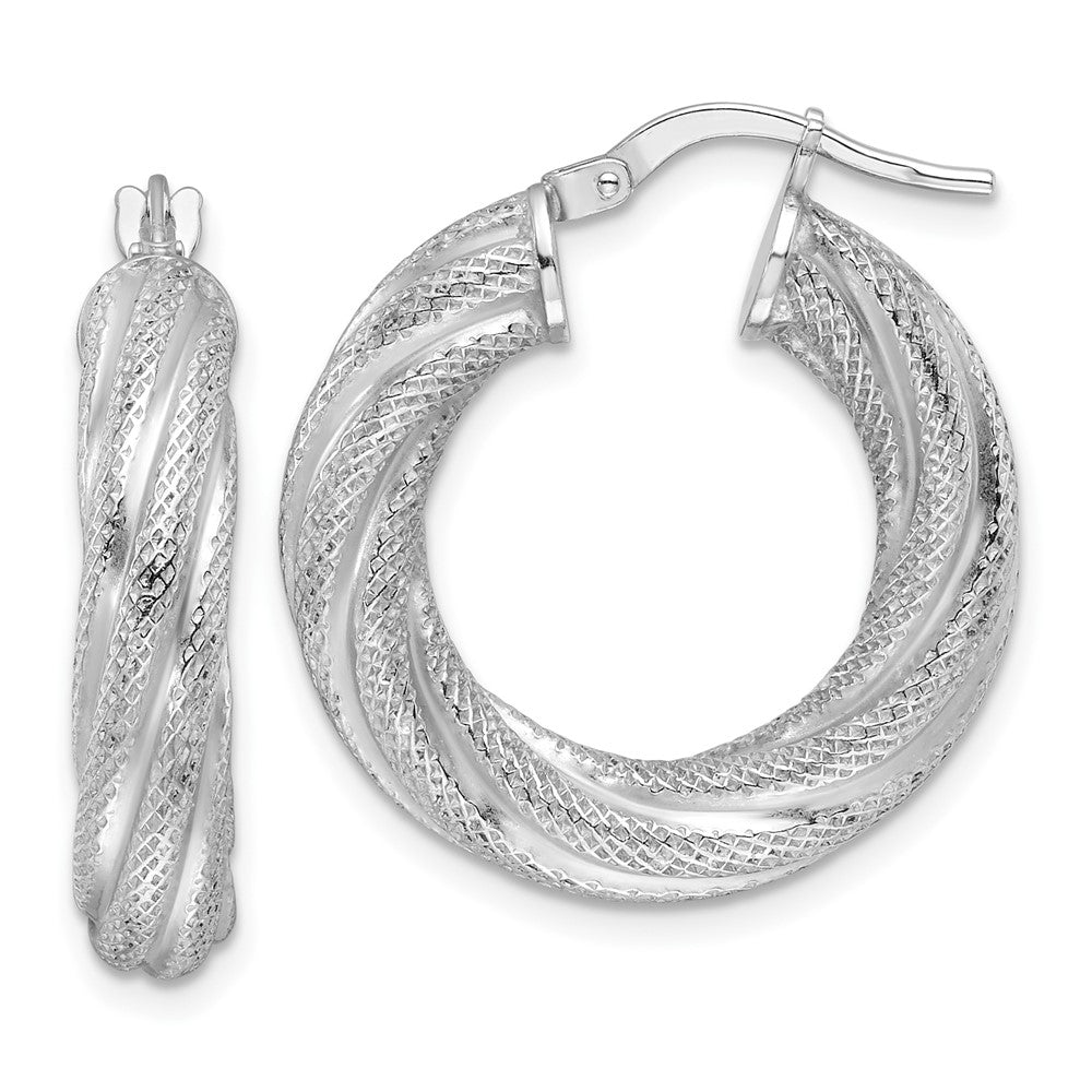 Sterling Silver Rhodium Plated 5mm Textured Twisted Hoop Earrings