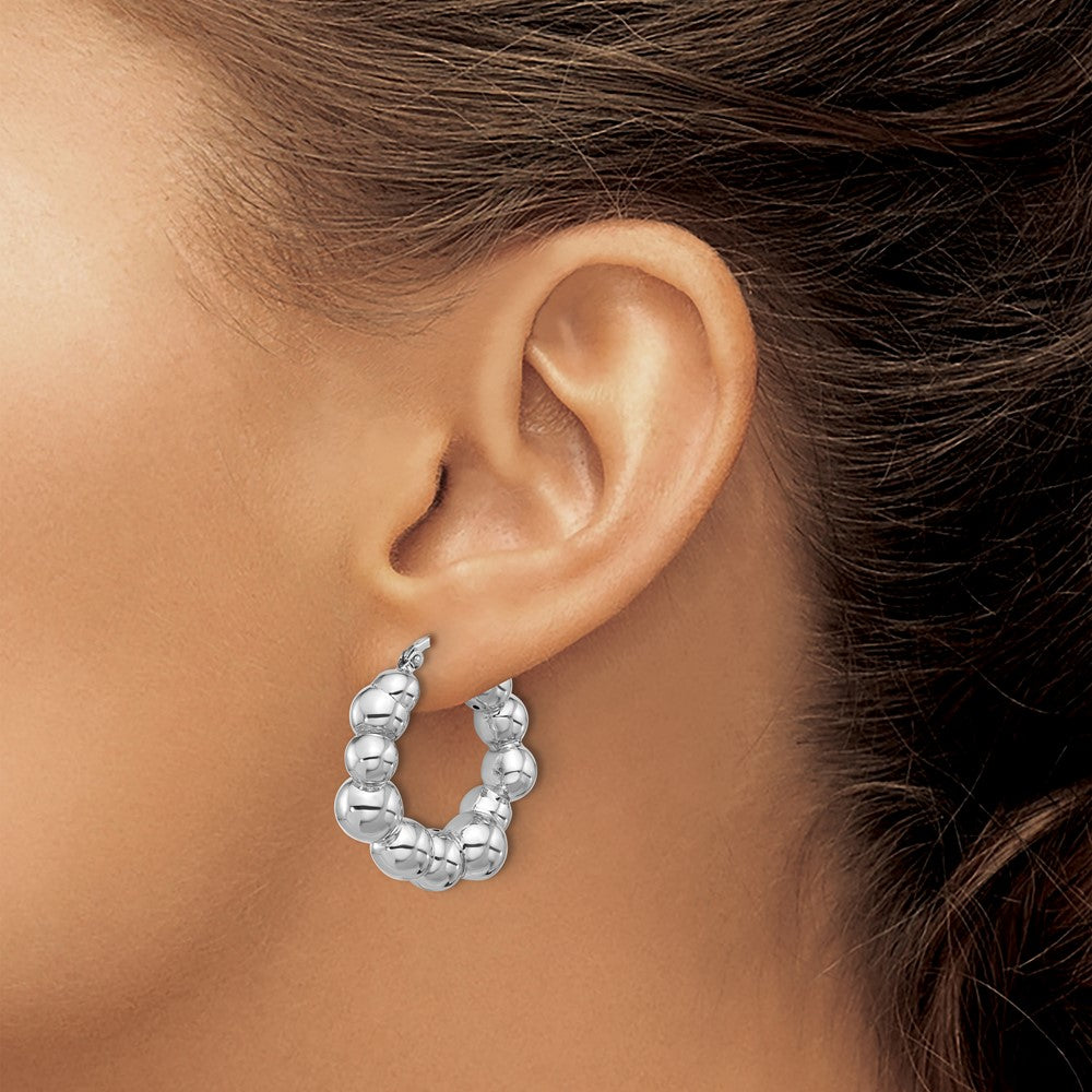 Sterling Silver Rhodium-Plated Polished Bead Hoop Earrings