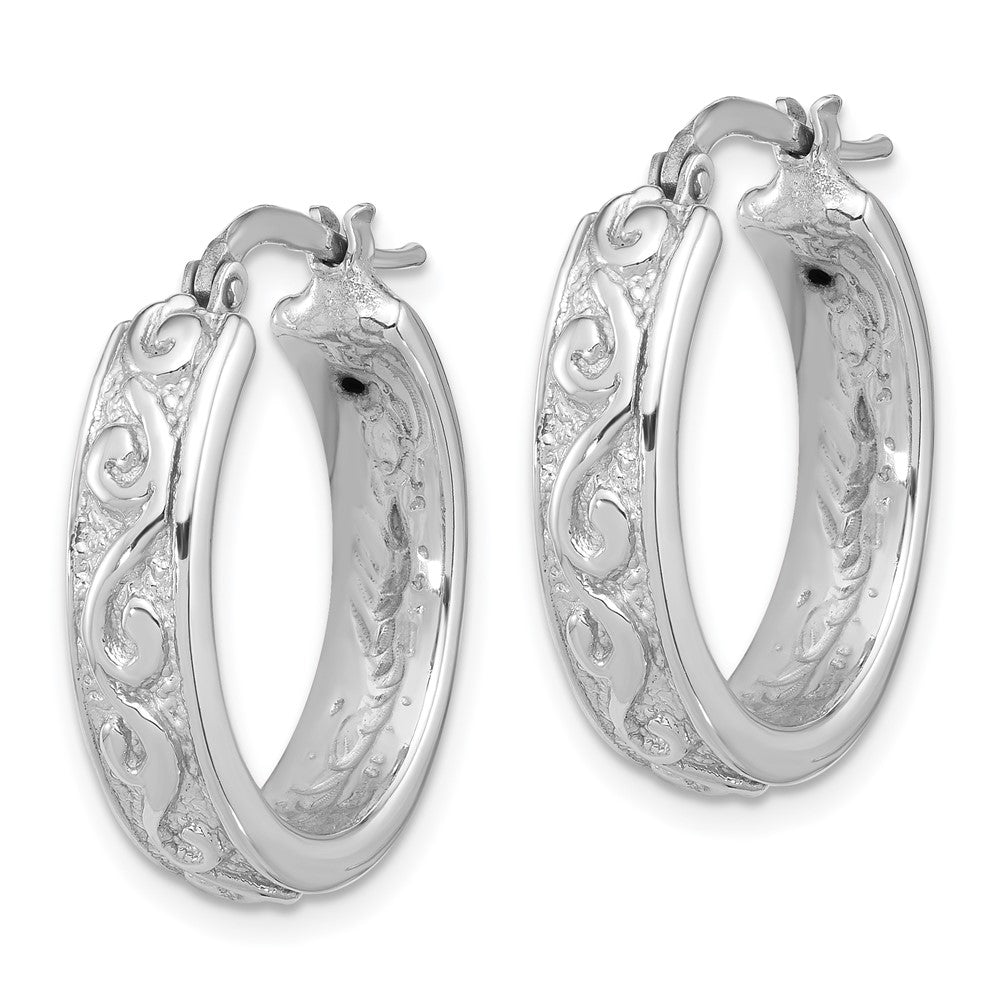 Sterling Silver Rhodium Plated Polished and Textured Round Hoop Earrings