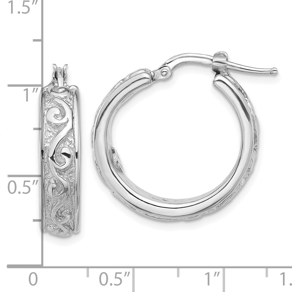 Sterling Silver Rhodium Plated Polished and Textured Round Hoop Earrings