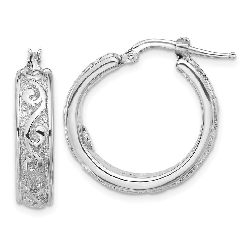 Sterling Silver Rhodium Plated Polished and Textured Round Hoop Earrings