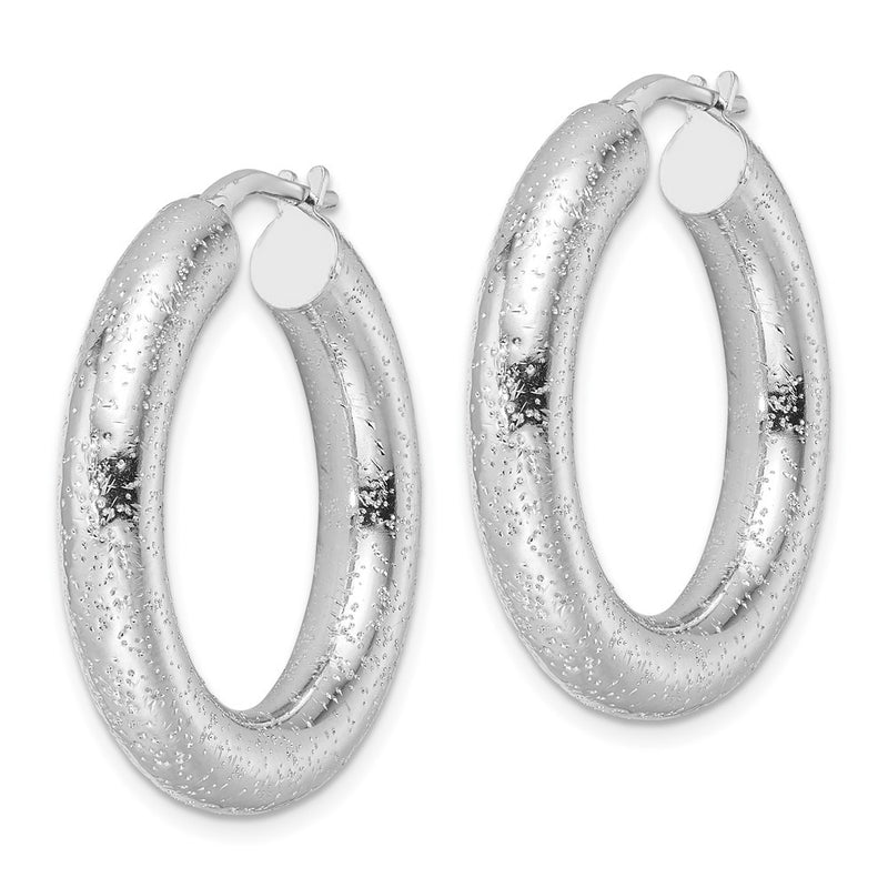 Sterling Silver Rhodium-Plated Laser-Cut 5mm Round Hoop Earrings