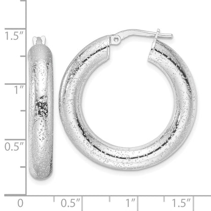 Sterling Silver Rhodium-Plated Laser-Cut 5mm Round Hoop Earrings