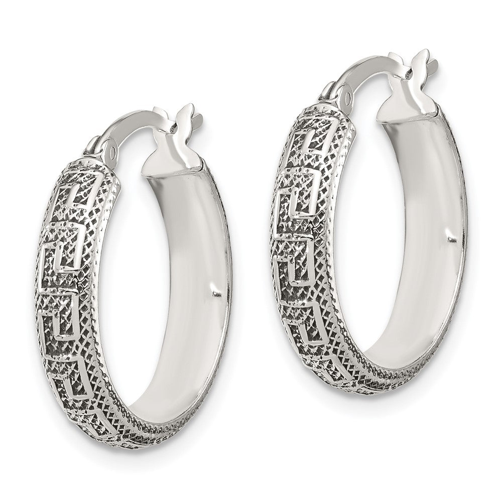 Sterling Silver Antiqued/textured Greek Key Sm Round Hoop Earrings
