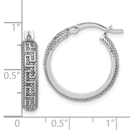Sterling Silver Antiqued/textured Greek Key Sm Round Hoop Earrings