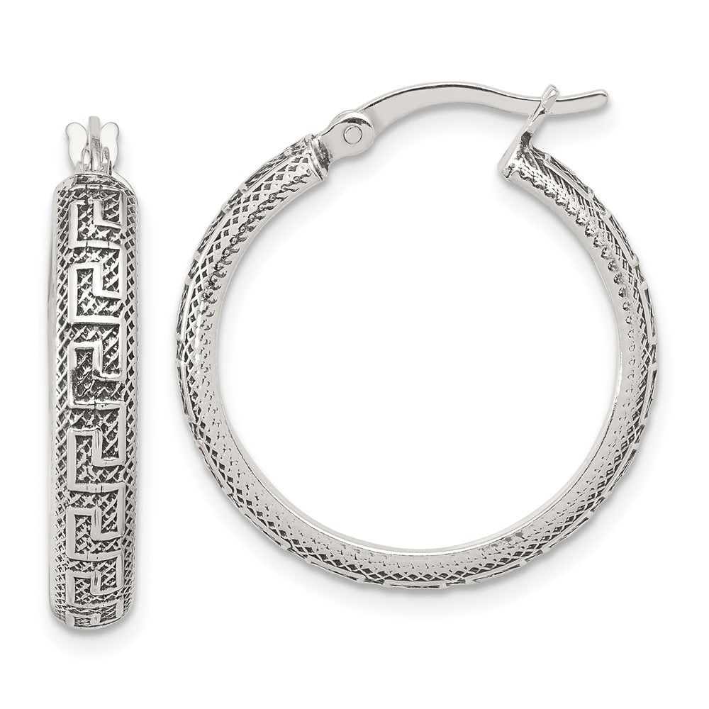 Sterling Silver Antiqued/textured Greek Key Lg Round Hoop Earrings