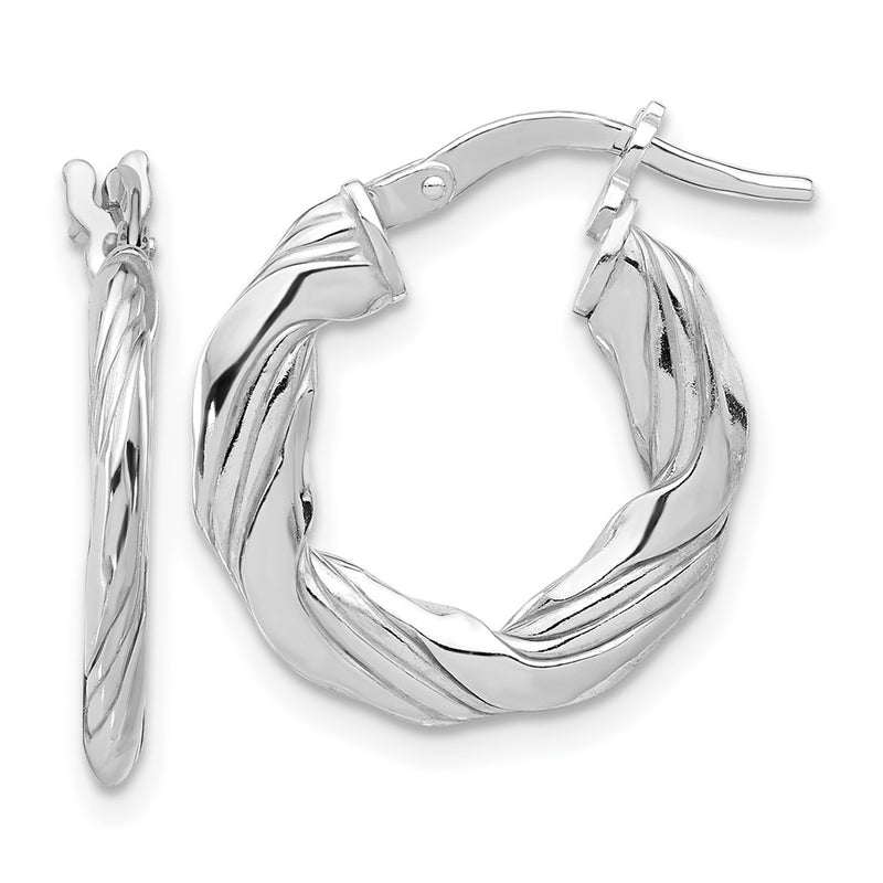 Sterling Silver Rhodium Plated Polished and Textured Twisted Hoop Earrings