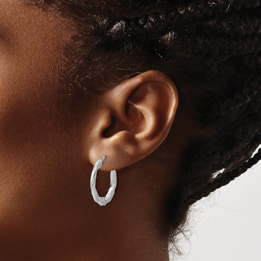 Sterling Silver Rhodium Plated Polished and Textured Twisted Hoop Earrings