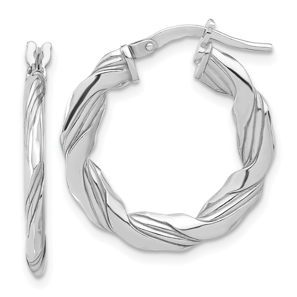 Sterling Silver Rhodium Plated Polished and Textured Twisted Hoop Earrings