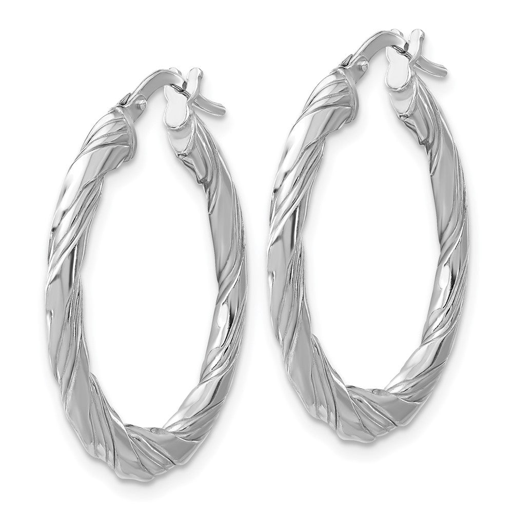 Sterling Silver Rhodium Plated Polished and Textured Twisted Hoop Earrings
