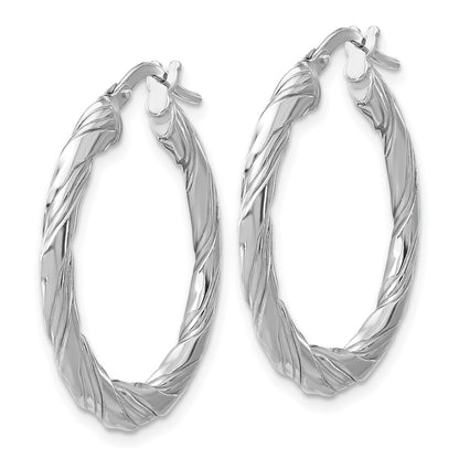 Sterling Silver Rhodium Plated Polished and Textured Twisted Hoop Earrings