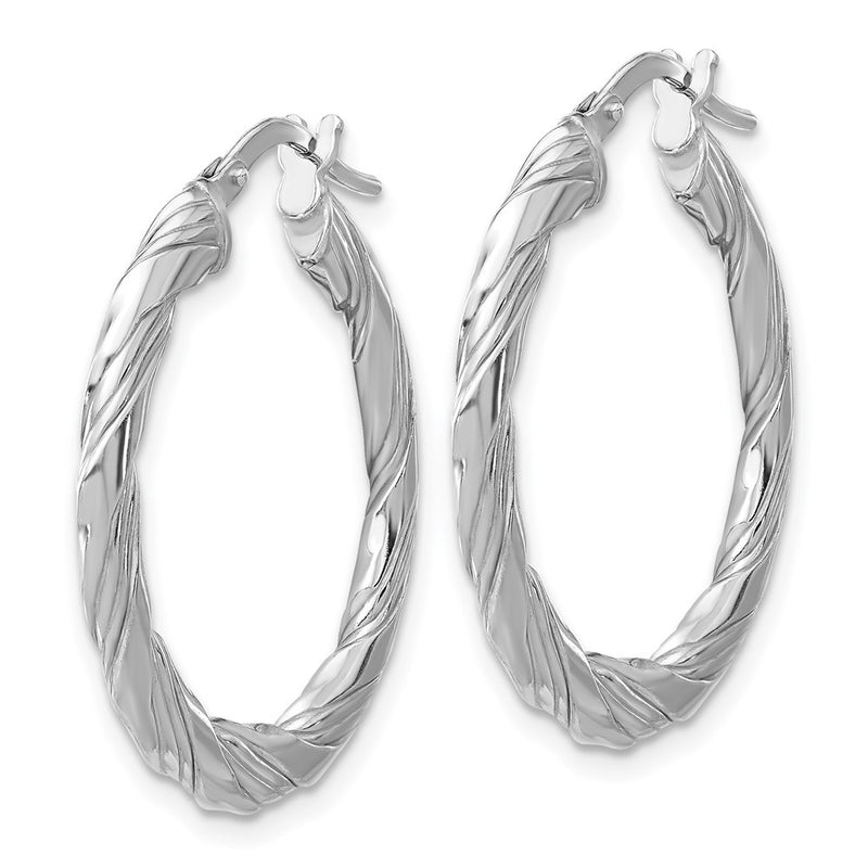 Sterling Silver Rhodium Plated Polished and Textured Twisted Hoop Earrings