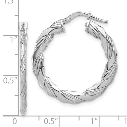 Sterling Silver Rhodium Plated Polished and Textured Twisted Hoop Earrings